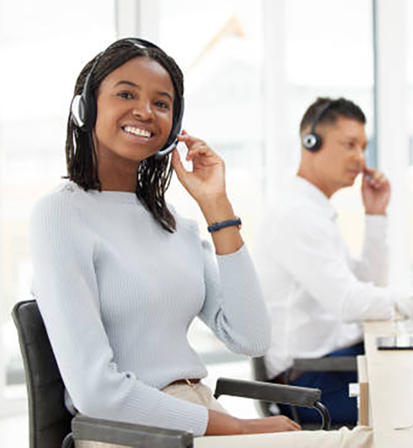 Portrait, call center and customer support, black woman and contact us woman happy with CRM, consulting and online. Consultant professional giving telemarketing services about us at her help desk