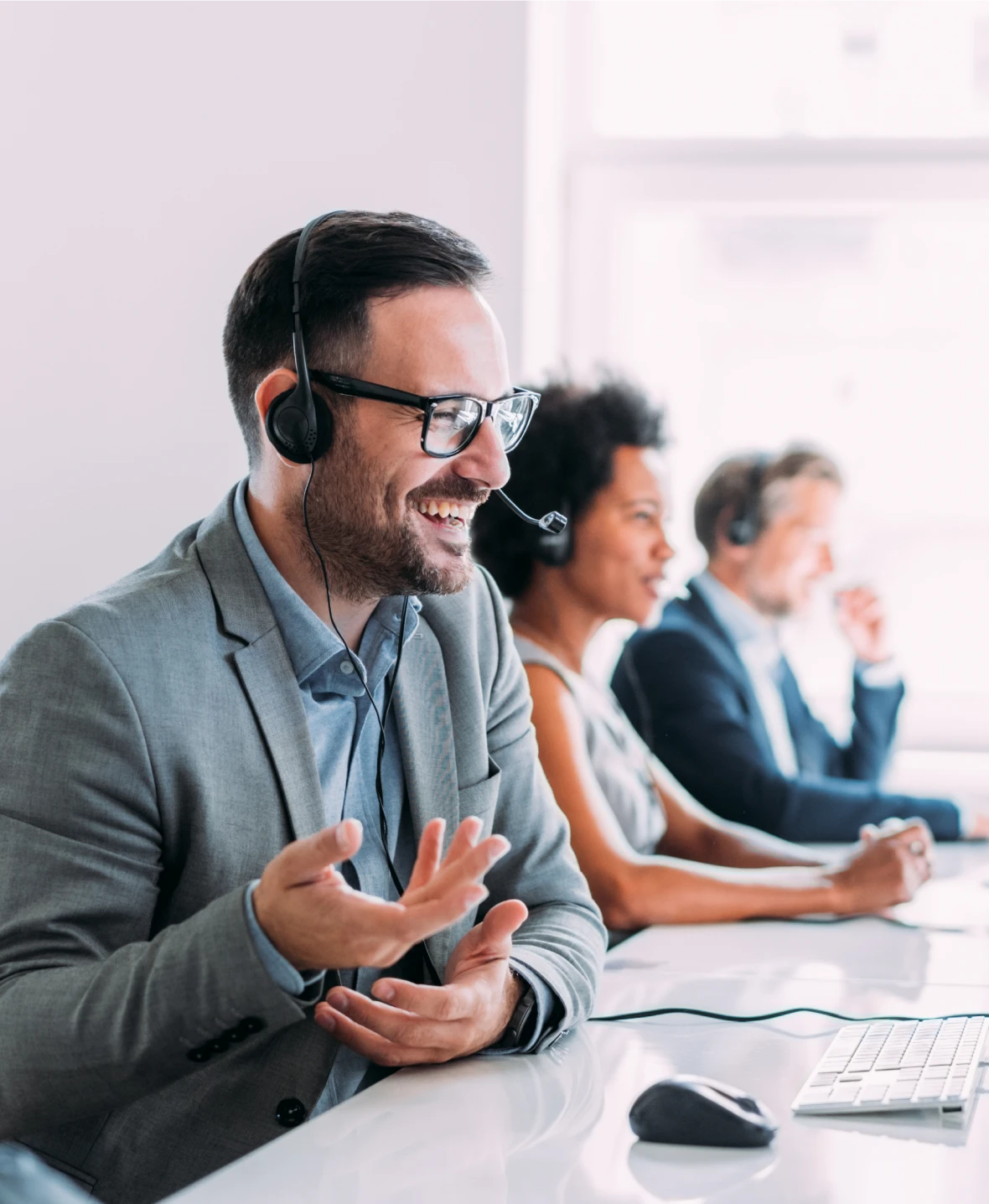 Customer support agents with headsets