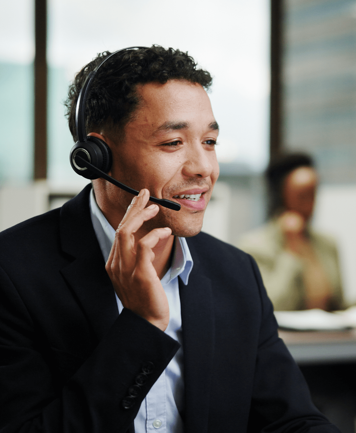 Call center representative with headset